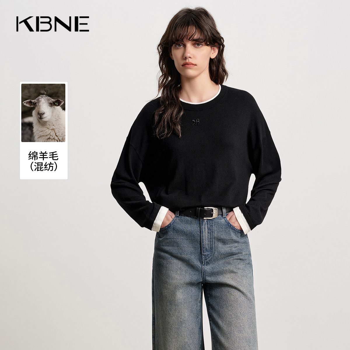 【cc家cc】假两件撞色设计感圆领套头针织衫女750929031