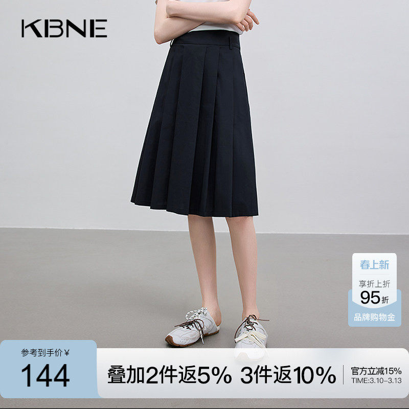 KBNE半身裙女黑色高腰百褶裙25秋季新款简约学院风拉链A字中长裙