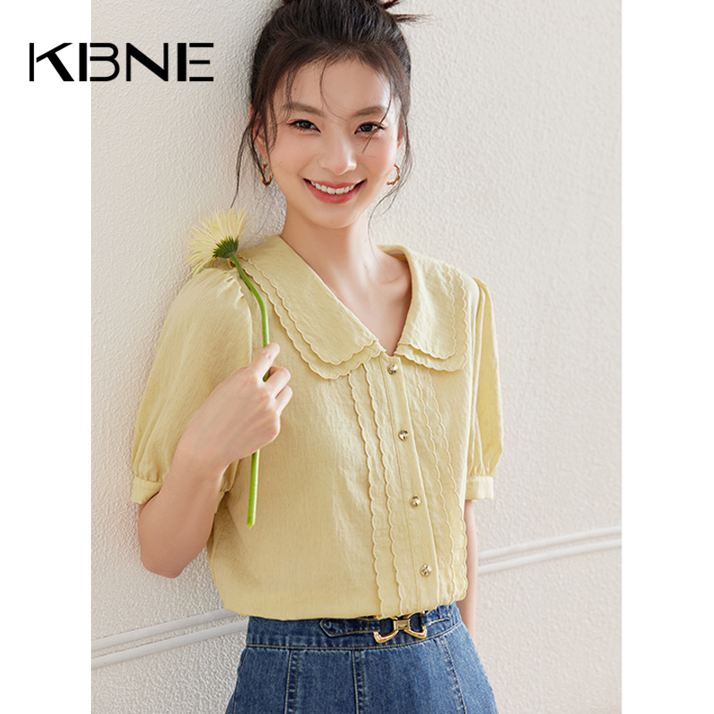 KBNE亚麻衬衫女短袖娃娃领小衫2025夏季新款设计感法式独特小上衣