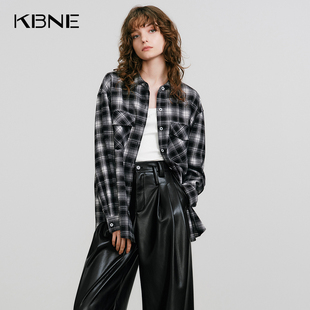 KBNE法式复古宽松磨毛格子衬衫女装2025冬季新款长袖衬衣外套上衣