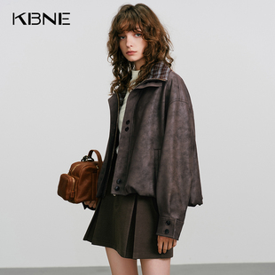 KBNE复古格纹翻领绒面PU皮假两件短款外套女2025冬季新款夹棉夹克