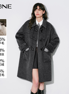 KBNE驼绒真丝牛角扣双面呢大衣女装2025冬季新款长款灰色毛呢外套