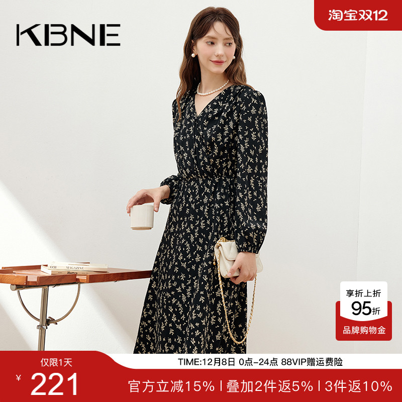 KBNE2025新款收腰显瘦碎花连衣裙简单大方黑色气质中长裙春秋女