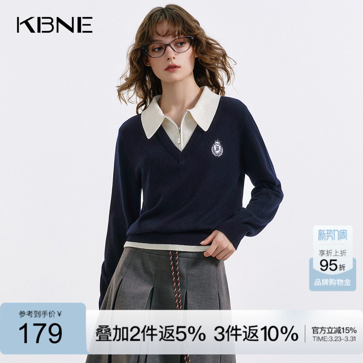 KBNE学院风刺绣假两件针织衫女2026秋季新款长袖polo领针织衫上衣