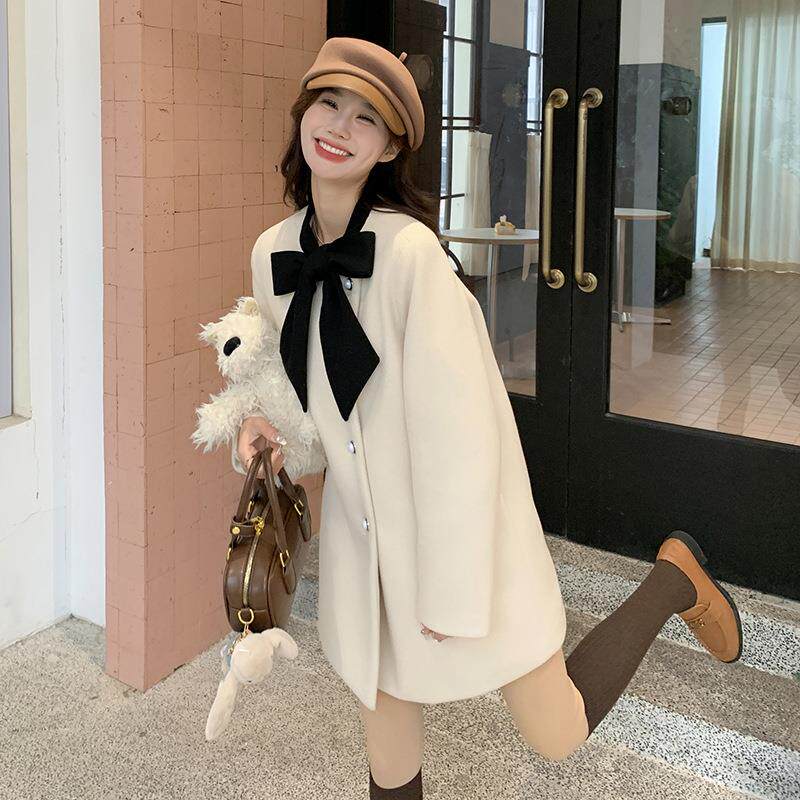 蝴蝶结毛呢大衣厚女小个子冬季c159-255新小内香款风高级感羽绒胆