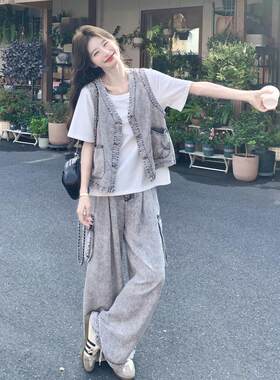 松感短休闲薄款C212-G29牛仔马甲装女夏季新款袖恤弛阔腿裤三件套