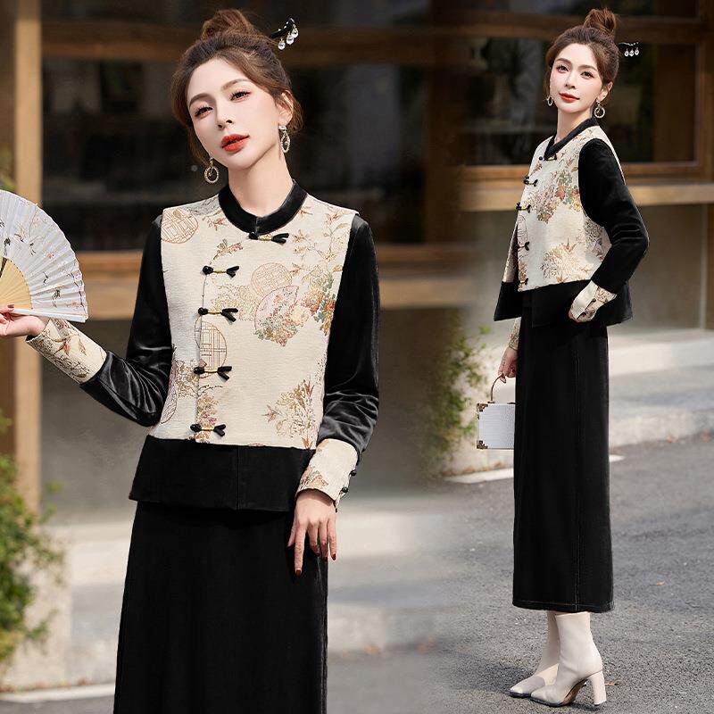 设感色新中式国风套装裙马年春新款漂亮红丝ZGUAN250绒甲复古计三