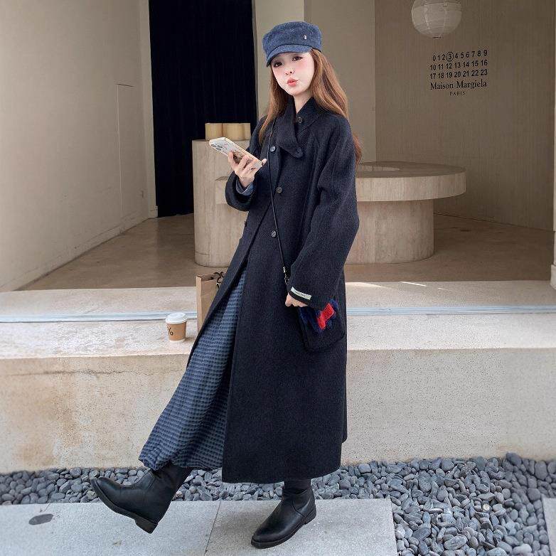 高级感黑色双b169-851面毛双大衣女冬新款立领扣时尚长款毛排呢外