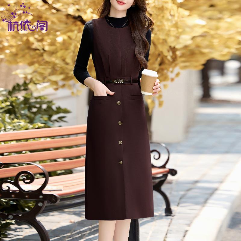 ZXIN196X安可红背连衣裙两件套拉尚女年新款春秋高级心感气质时套