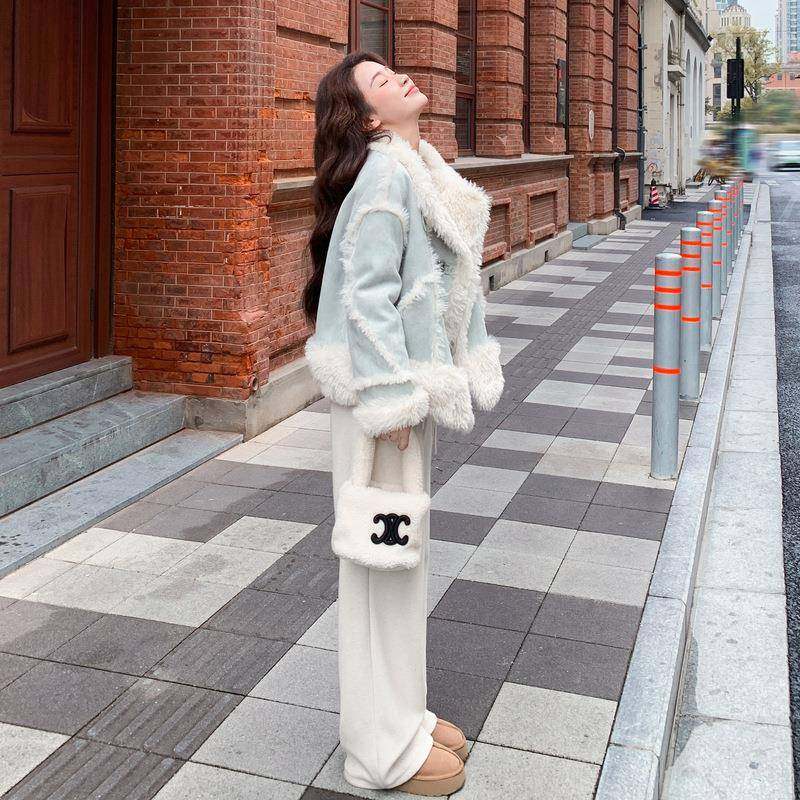 蓝色厚保暖仿皮衣毛款一体外套女高实级感年冬新羊c062-25羔毛棉