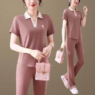 步闲运动套装女夏季薄款冰丝短装袖小个休子89869999大码跑中年妈