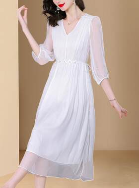 71-7208品牌长袖女腰装真丝连衣裙子夏季新款高码桑丝长大裙蚕潮
