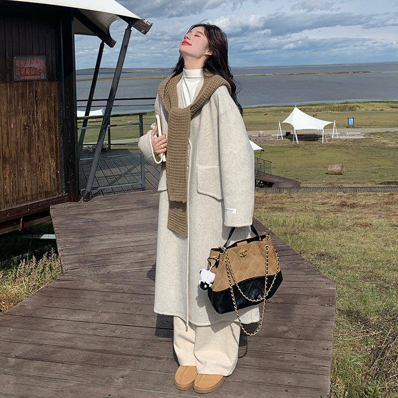 米白中色针冬织披肩面呢羊毛大衣c219-21双女季气质时尚长款呢子