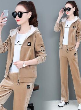 金丝绒套装女显春季新款件时尚宽松瘦运动大服连帽码61066休闲三