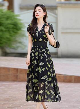 字气质印花袖连衣裙女夏季新海边短度假风款显瘦领超好ZZHEN500看