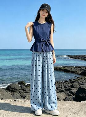法式复古松感套装夏季新款女休闲无袖上波衣点ZR2C310阔腿弛裤两