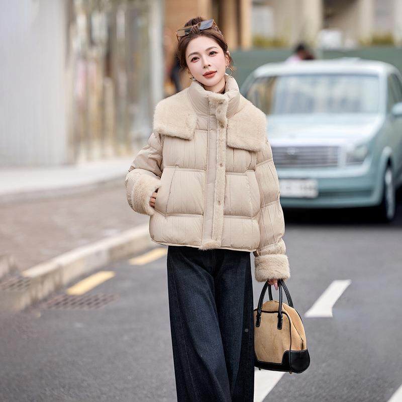 02WN1080-15冬新款时尚百搭毛毛2翻拉领链长季袖纯色羽绒服外套WN