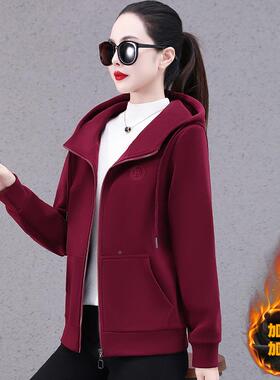 加绒衫衣女卫新款爆款洋气连帽拉链开外套秋冬GSU季加女厚士上衣