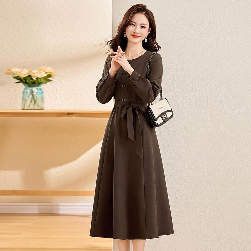 225春秋W季0新款女装长袖收腰显瘦1气质时尚长款系带连衣裙 S8SW1