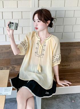 黄色设计感民族风套装女夏新色印花款c10-C67撞系带上衣短裙两件