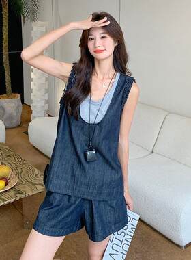 小个子穿搭弛感牛松木仔新套装女夏款撞2B225-19色耳边背心短裤两