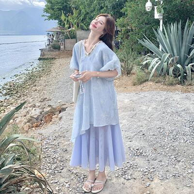 蓝法式绝美不规则色拼接泡泡袖连长衣裙女初夏新款领花D078-S90绣