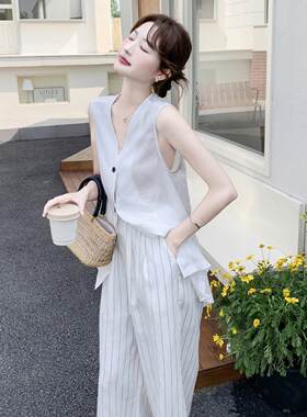 法式老钱风闲套装季女d055-605阔夏新款简约休领马甲条纹腿裤两件