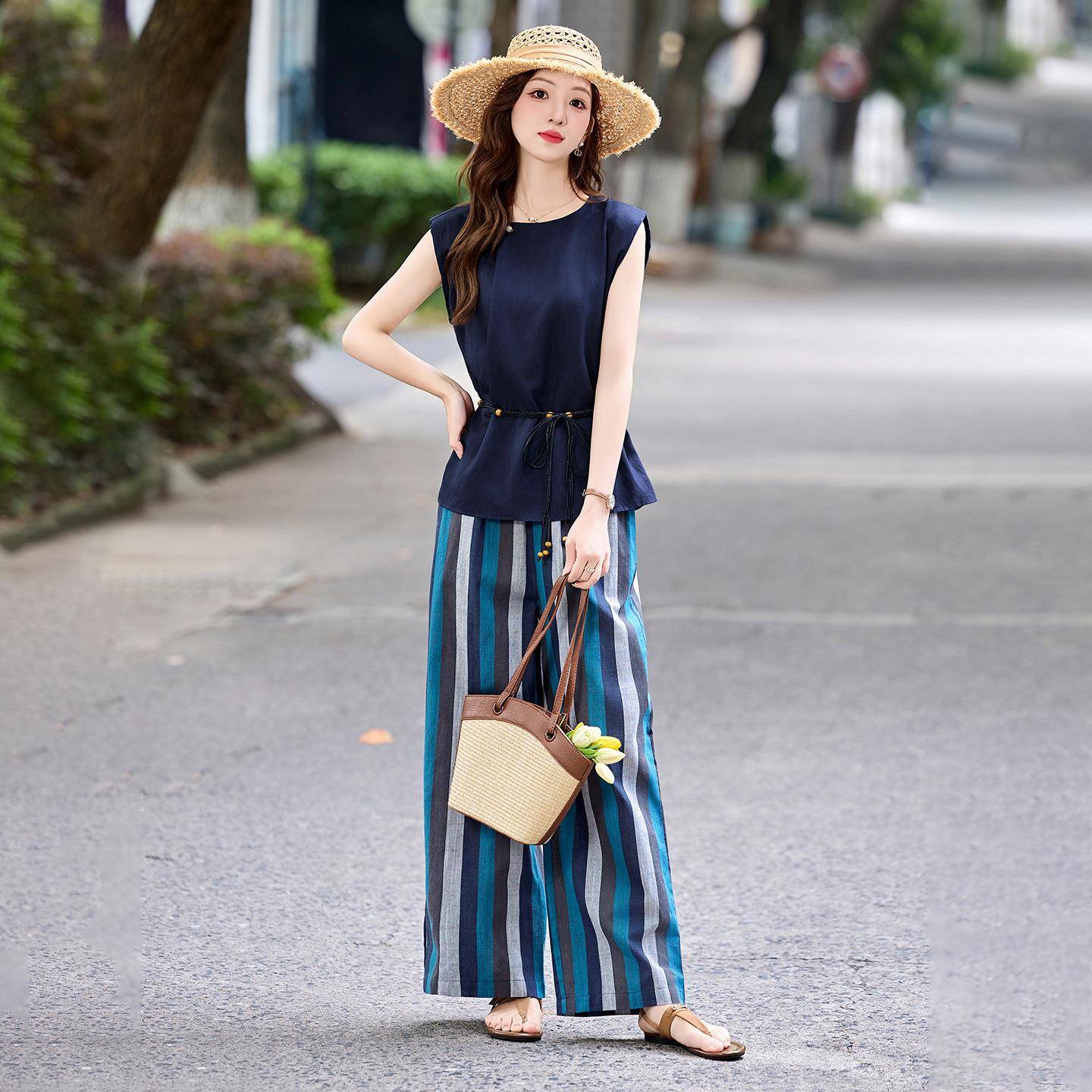 时RX9050-0尚套装新高级款感女衬衫阔系带显瘦上衣腿裤件两套