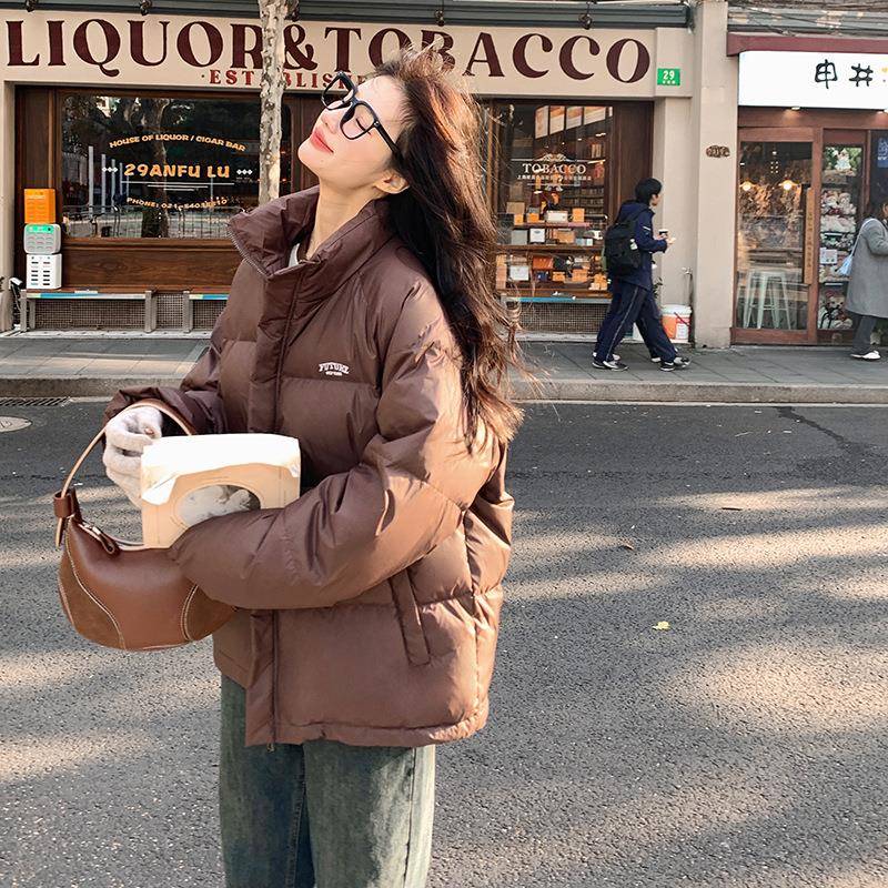 咖美羽拉德色绒服厚冬季女短款新B126-968款美式复古立领白鸭绒外