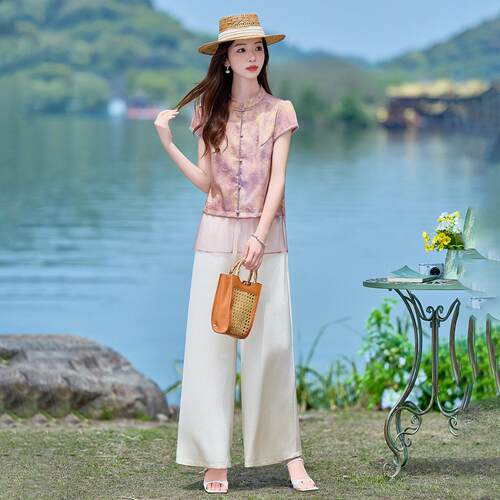 新中式夏妈季套女新款立领国风短袖拼接衬衫阔腿妈裤两ZWEI9021件