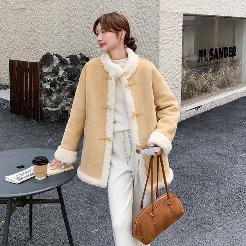 色款角扣羊羔毛外套女冬新韩系温柔加绒加黄厚仿B187-11皮毛一牛