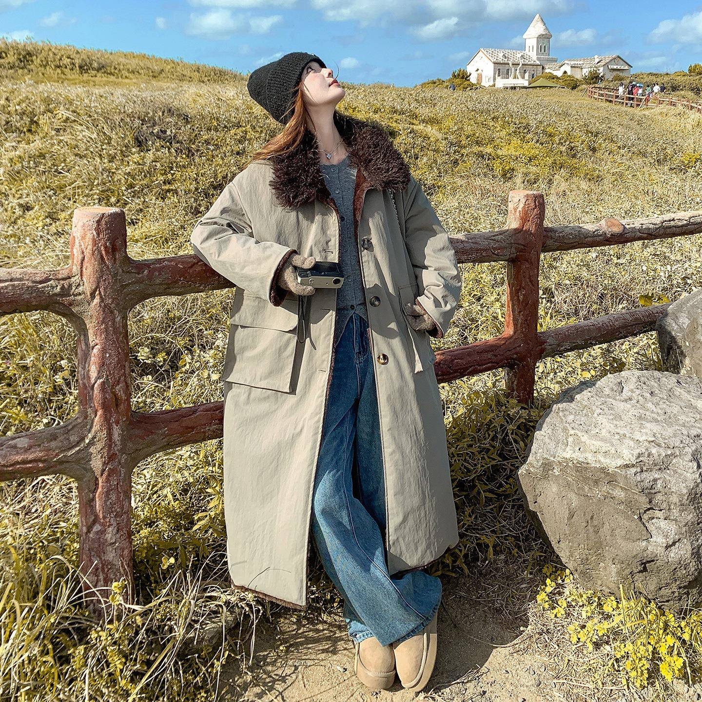 新其计绿派克服女冬季款宽松C085-Q11休闲百搭设感加绒加厚长款卡