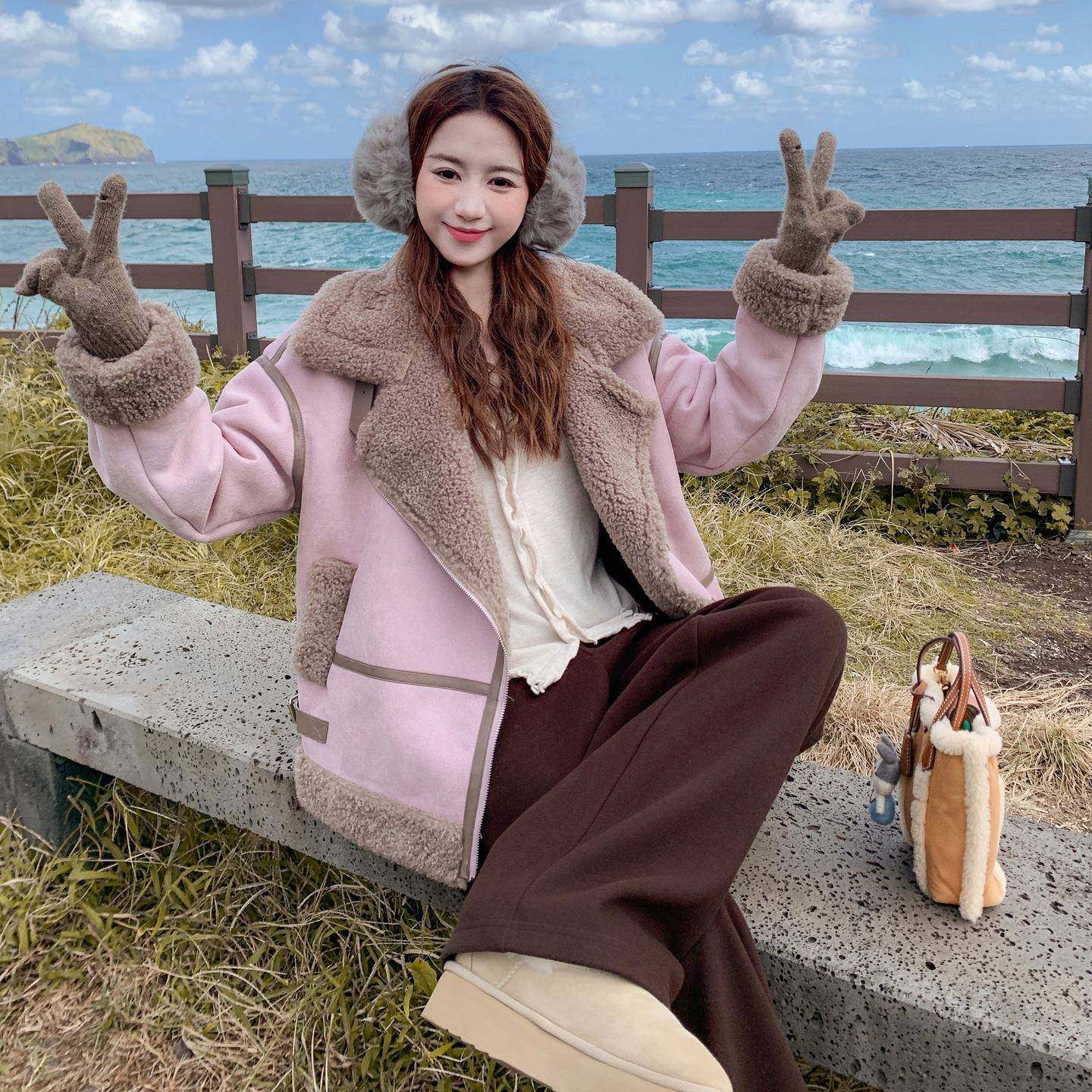 粉紫色版仿皮毛一体羊羔c057-78毛外套冬新款短加保款厚暖立韩领