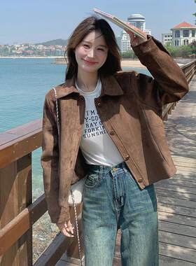复古咖色套麂绒皮翻领外女短款秋新款夹韩版小个子今年ZZB169-2流