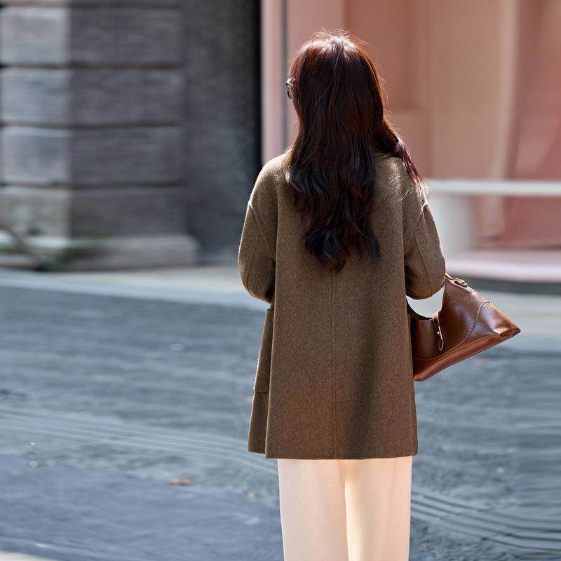 双毛GT8115-0大衣面女中长款秋冬时新款尚气质翻领呢羊毛呢外套