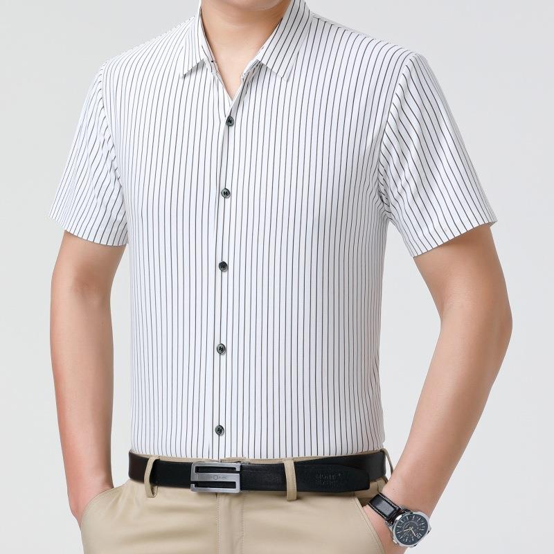 夏季新款6896-P中年式短袖男衬衫休闲翻领桑尚蚕丝时条纹冰丝衣衬