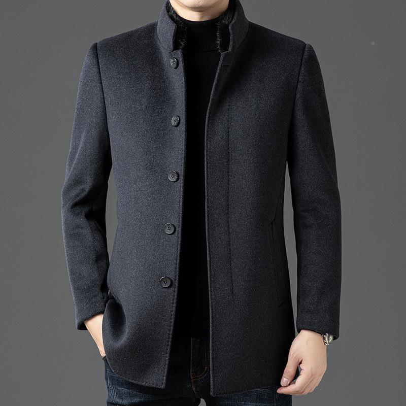 中老年男士毛呢领羽大衣中长款立绒内秋胆冬双面呢外套男11509-PP
