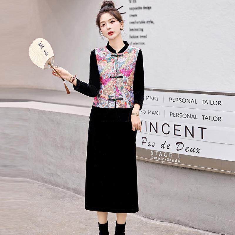 新中式国风套装裙春秋款高级ZGUAN922感气质刺绣丝新绒盘甲扣马两