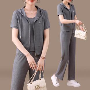 90502997端高妈妈夏装衫短袖卫衣外中套年运动套装女春夏开三件套
