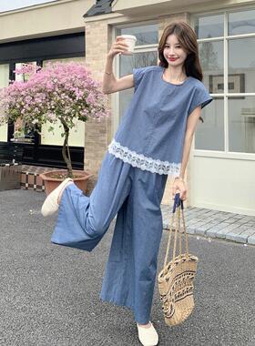 蓝色式法氛感蕾丝花边休套围装女夏季C15-991新款上衣阔腿闲裤两