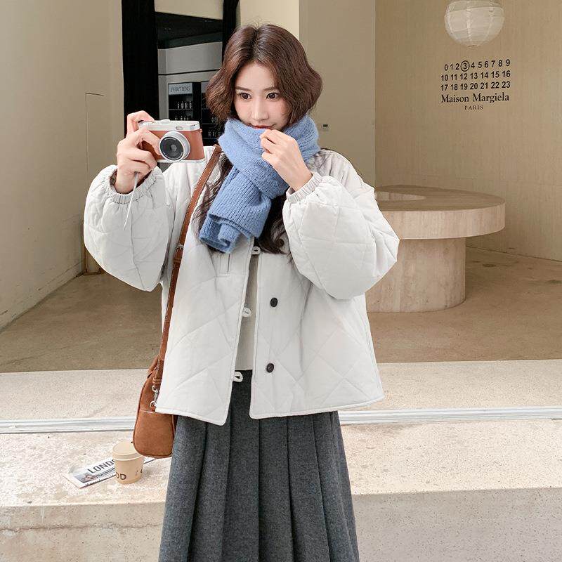 版韩c309-256菱形格轻薄闲棉服外套女冬新款复秋古休简约宽松立领