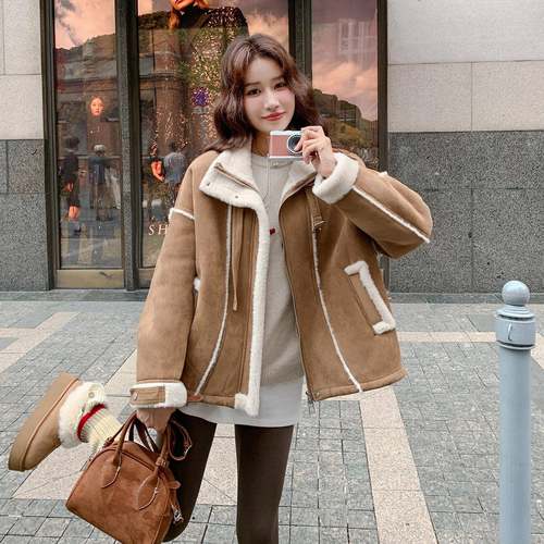 女短款羊羔毛棉服外套冬新款小复个子色加绒C19-827加厚古咖洋气