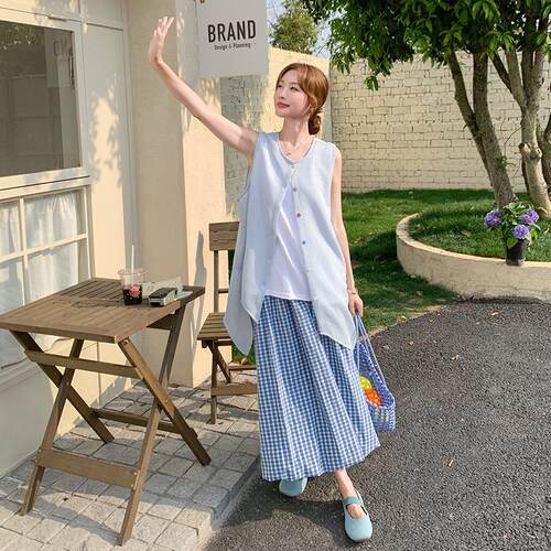 小清新马D151-061甲格半套装女夏新款三裙件套韩系夏日身漂子亮巨