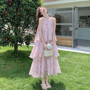 粉晕碎花无袖挂脖2B198-26染连衣夏裙日绝美蛋糕裙海边度假仙女色