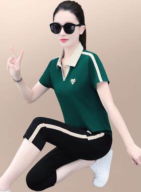 运服套装女夏季新洋气显瘦翻领短七分72166153裤动休闲跑步两款件