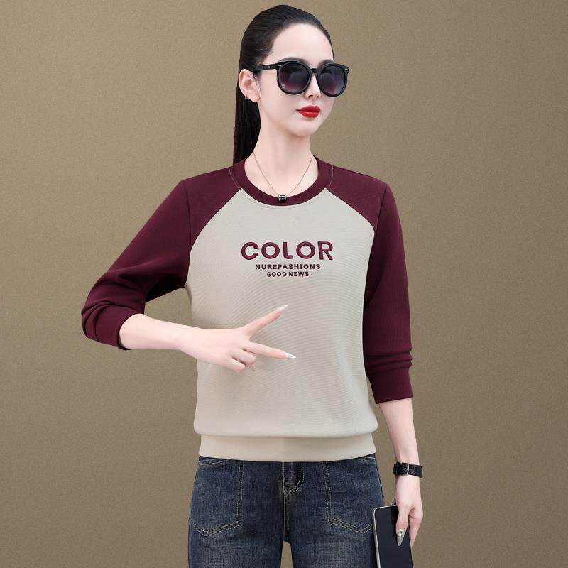 88077782圆领卫秋衣女新年春季中妈妈宽松洋气撞款色长袖无帽套头