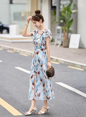 复显古减龄印花领连衣裙女款夏新修身ZWEI1105瘦时尚高级感季中长