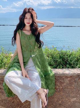 火夏腿装套装女款森系超时尚松C107-116弛感蕾丝花边马甲阔新裤两