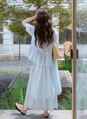 浅蓝色甜美小半清套装女夏季新款荷叶C29-Q9边刺绣上衣新身两裙件