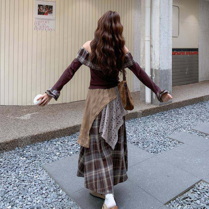 慵懒风荷叶边质一字肩身拼接上衣半套装女秋季新款裙气显瘦ZR2C20